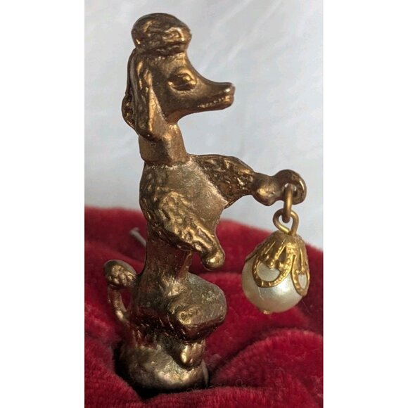 French Poodle Pin Cushion Pearl Gold Trinket Red Velvet Dog Jewelry Dish 60s Vtg - Picture 6 of 16